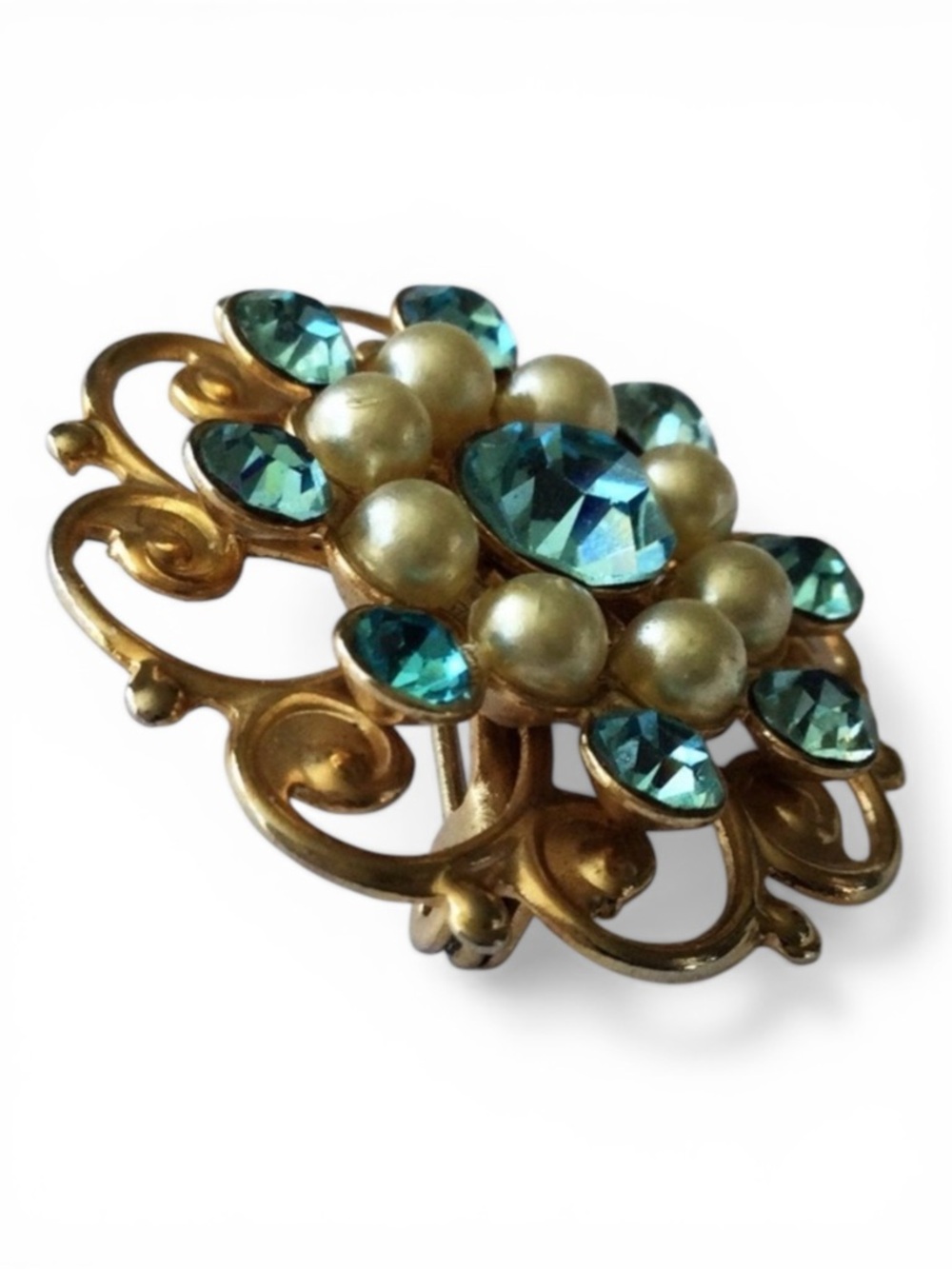 Vintage MCM Gold‑Tone Filigree Flower Brooch Turquoise Rhinestones & Faux Pearls - Picture 5 of 12